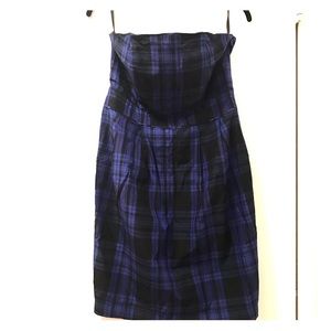 Blue and black plaid print strapless dress